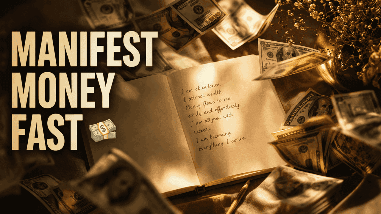 Dollar bills swirling around open journal representing money manifestation affirmations practice
